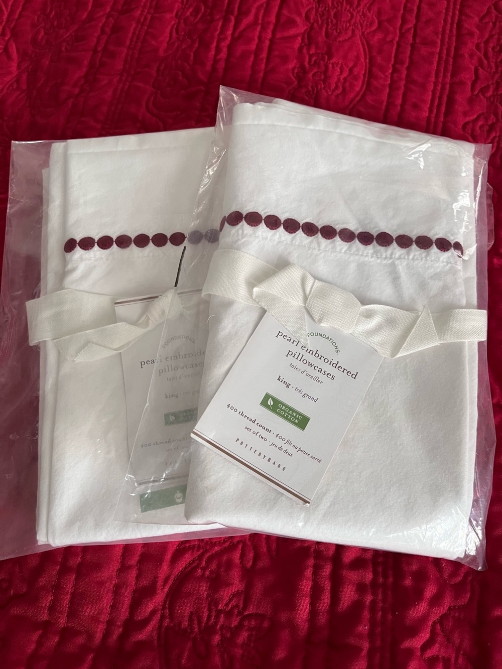 Pottery Barn Red Pearl Embroidered King Pillowcases Set of 2 100% Organic Cotton